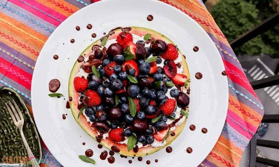 Grilled watermelon pizza with berries in top
