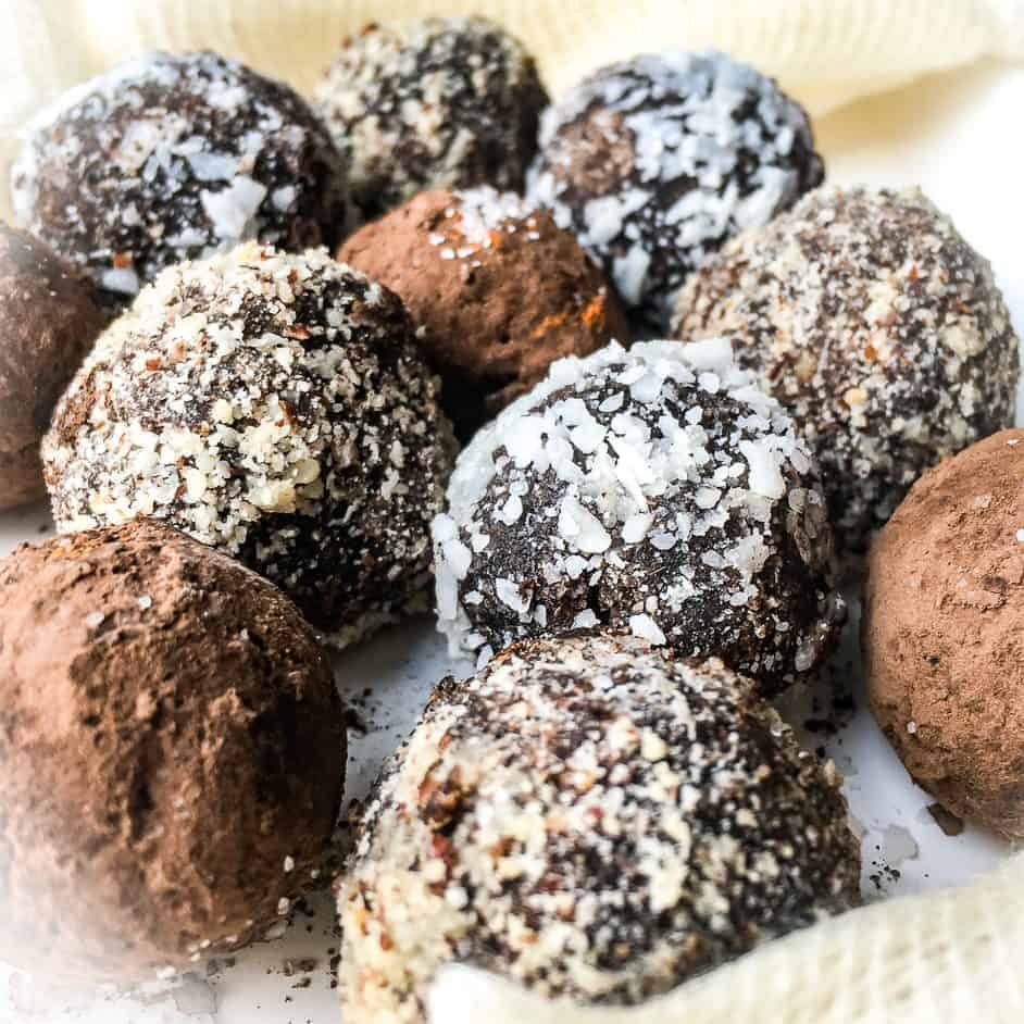 chocolate truffles covered in cocoa powder and coconut