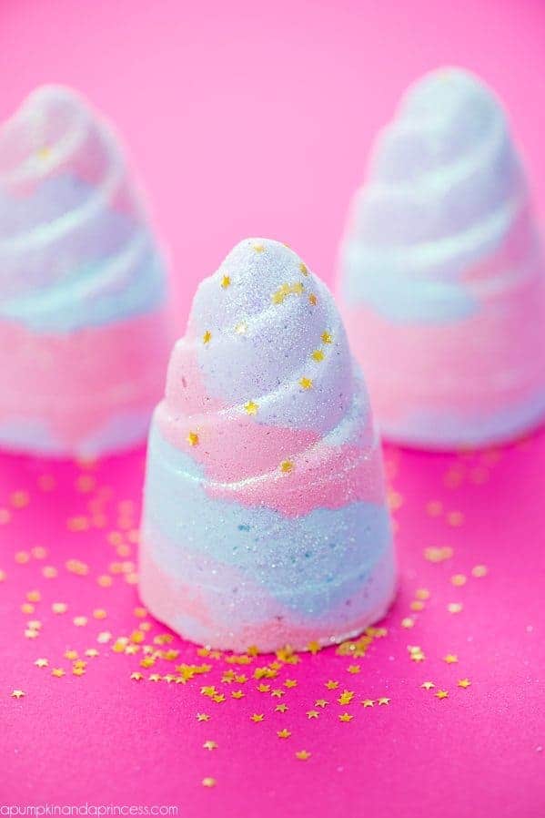 unicorn horn bath bombs with gold sprinkles