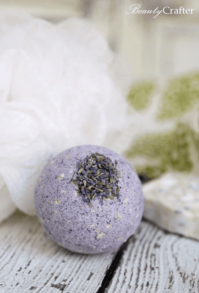 round dark purple bath bomb scented with lavender