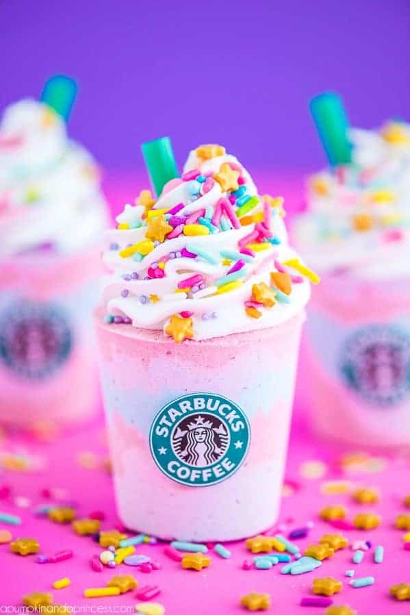 Starbucks themed bath bomb with rainbow coloured sprinkles