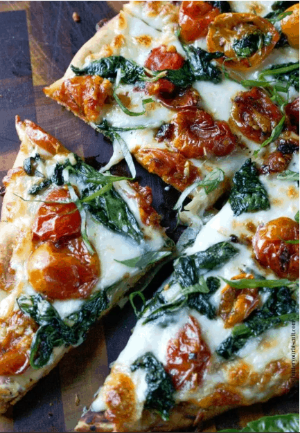 Easy dinner recipe for pizza - garlic roasted tomato and spinach flatbreads