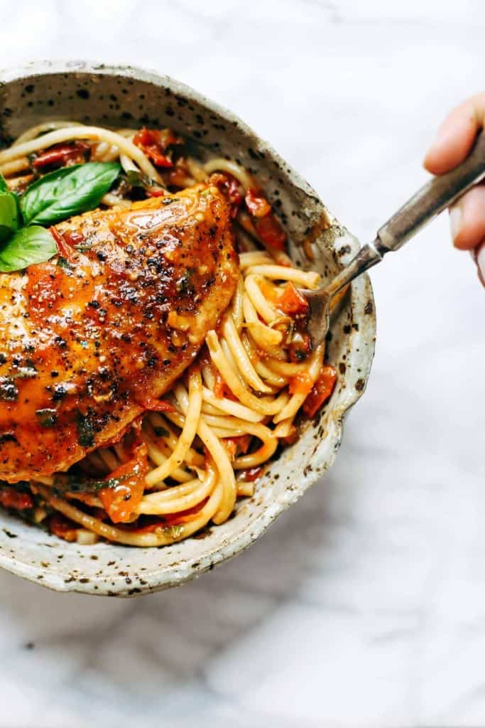 Garlic basil chicken with tomato butter sauce