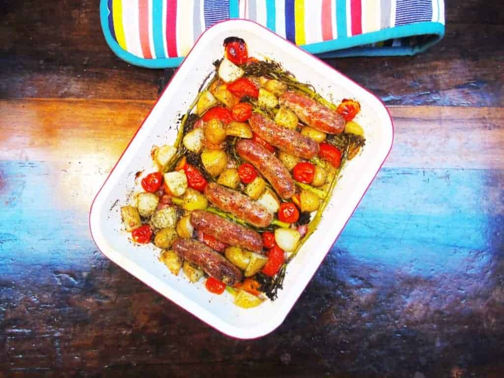 Easy dinner recipe for sausage and bacon traybake