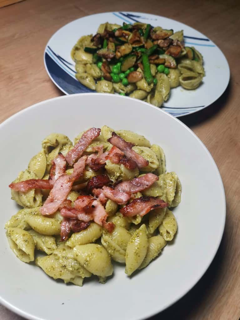 Bacon pesto pasta and vegetable pesto pasta - two easy dinner recipes