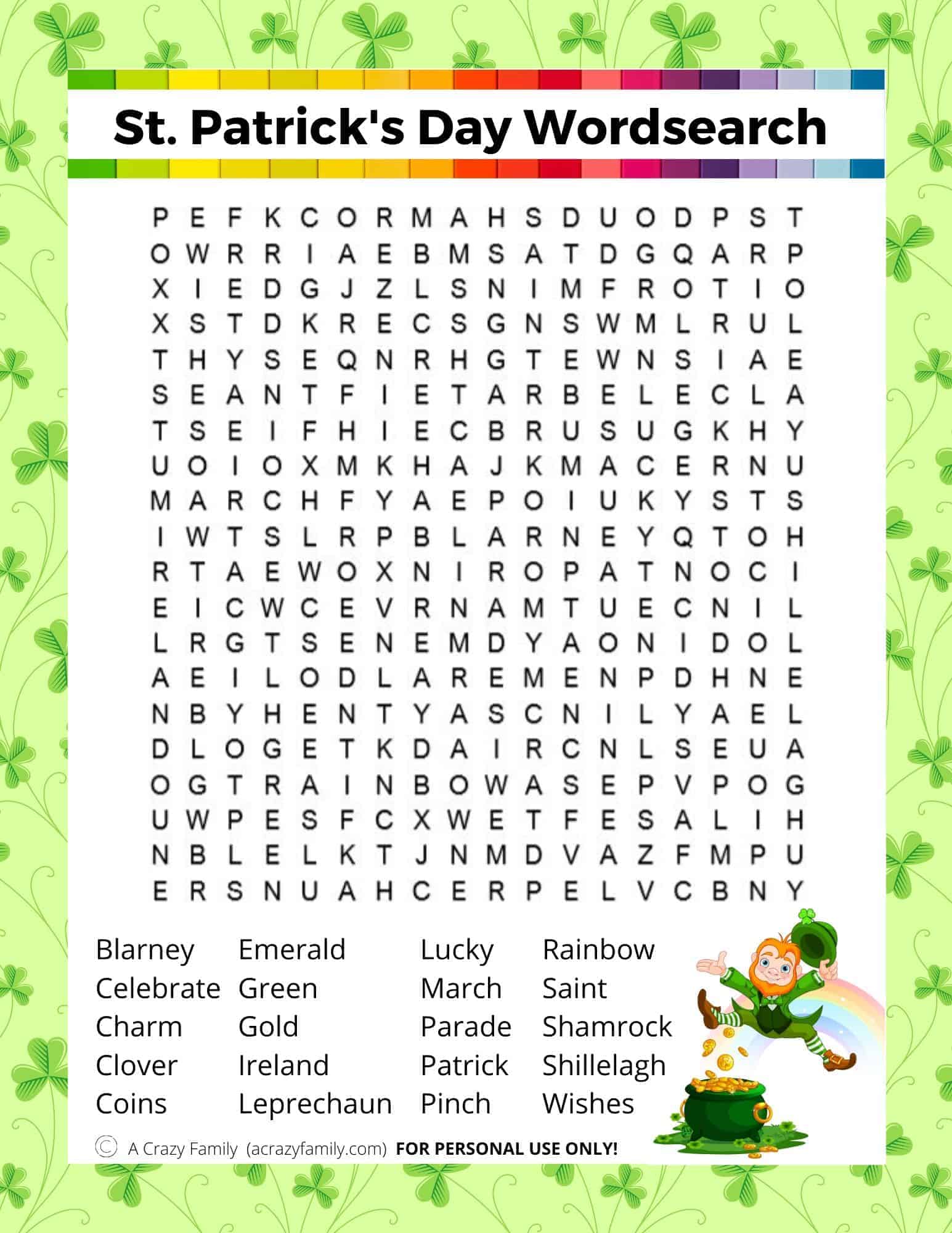 St. Patrick&rsquo;s Day Word Search by A Crazy Family