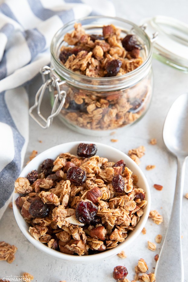 Granola in jar and bowl