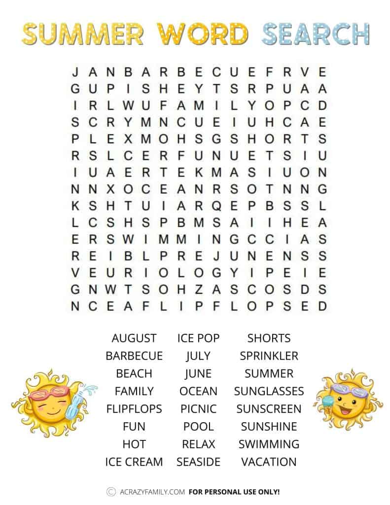 Free Summer Word Search Printable - A Crazy Family