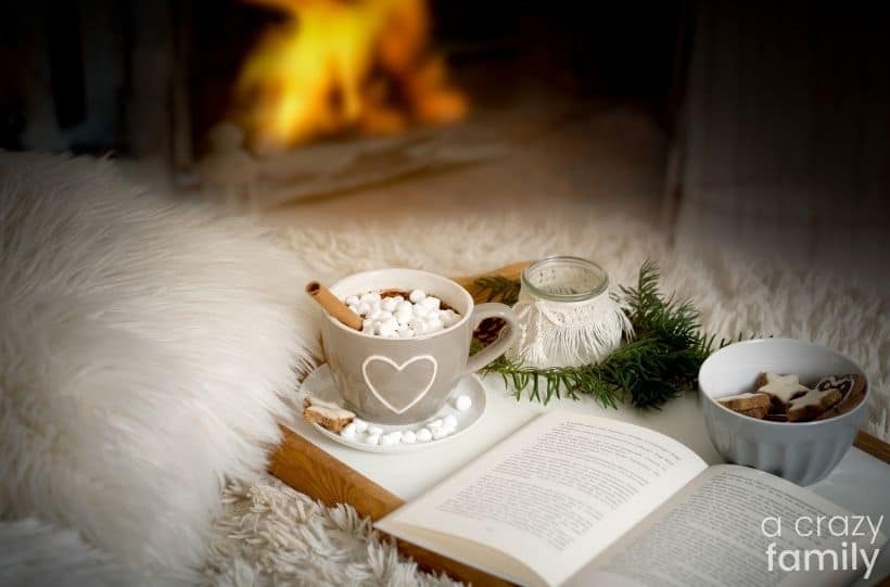 hot chocolate, book and a blanket