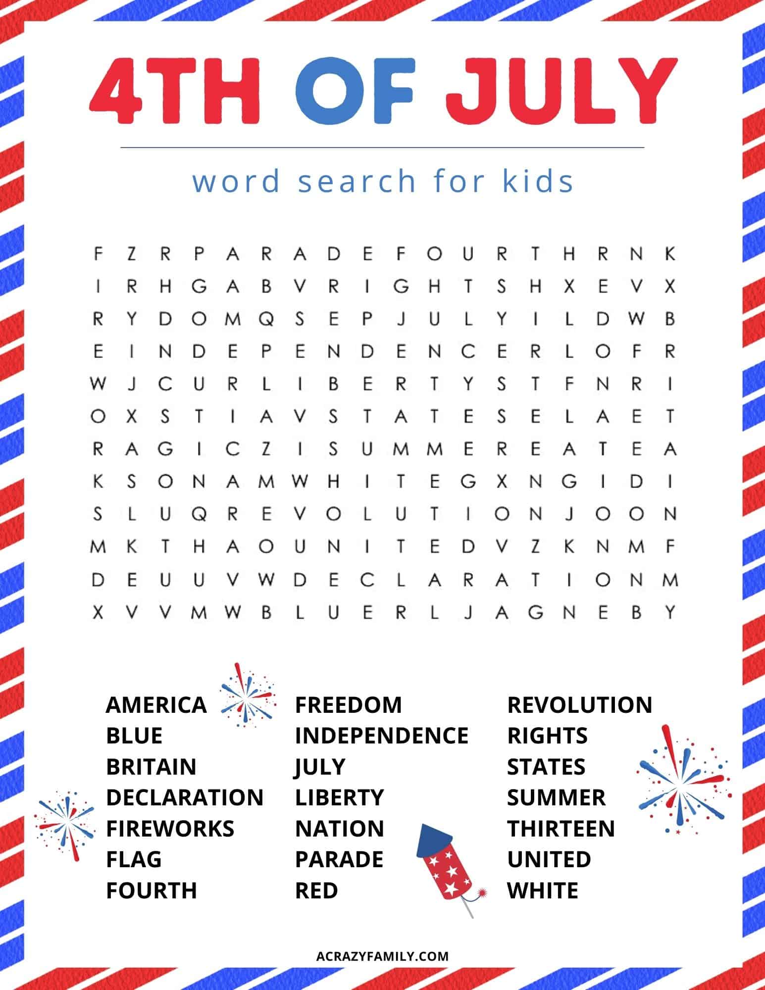 Free 4th of July Word Search Printable A Crazy Family