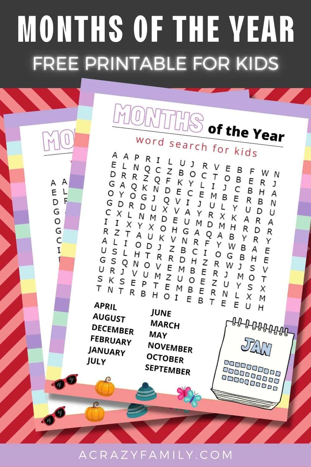 free months of the year word search printable for kids