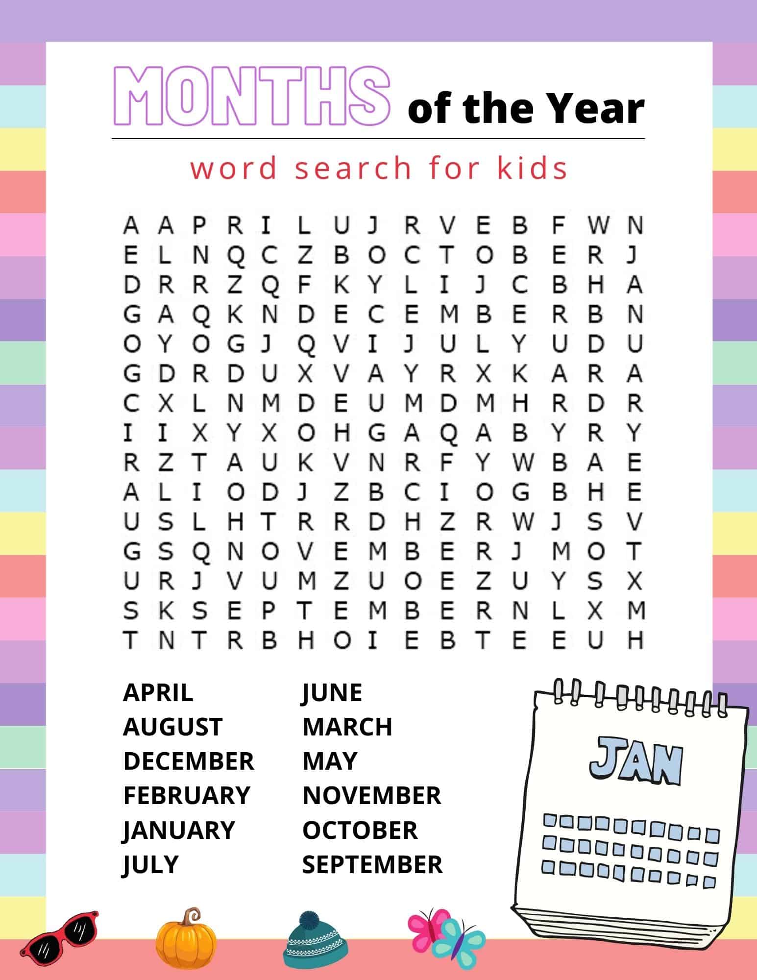 free months of the year word search printable for kids