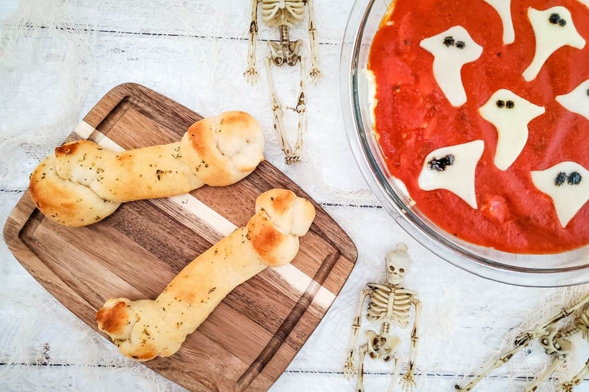 Bone Breadsticks and Ghost Pepperoni Pizza Dip
