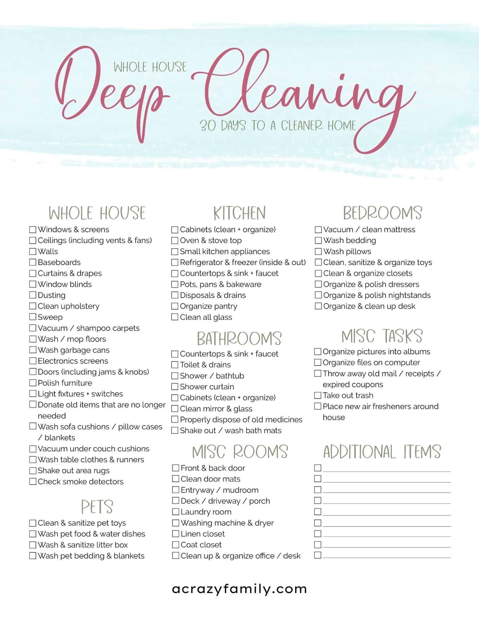 Whole House Deep Cleaning Checklist & Calendar A Crazy Family