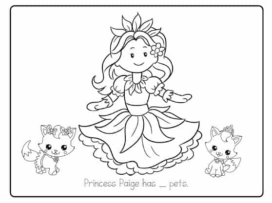 A page from the Princess and Pets Trace-Color-Learn Pack