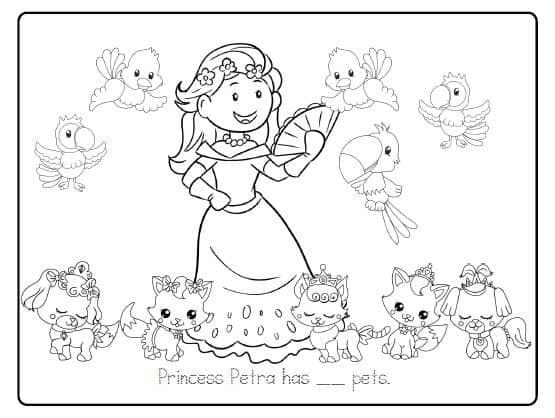 A page from the Princess and Pets Trace-Color-Learn Pack