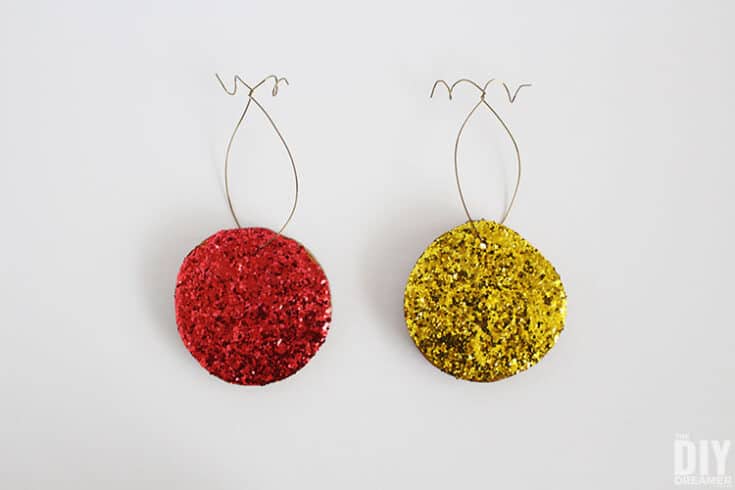 red and gold Glitter Ornaments with Wood Slices.