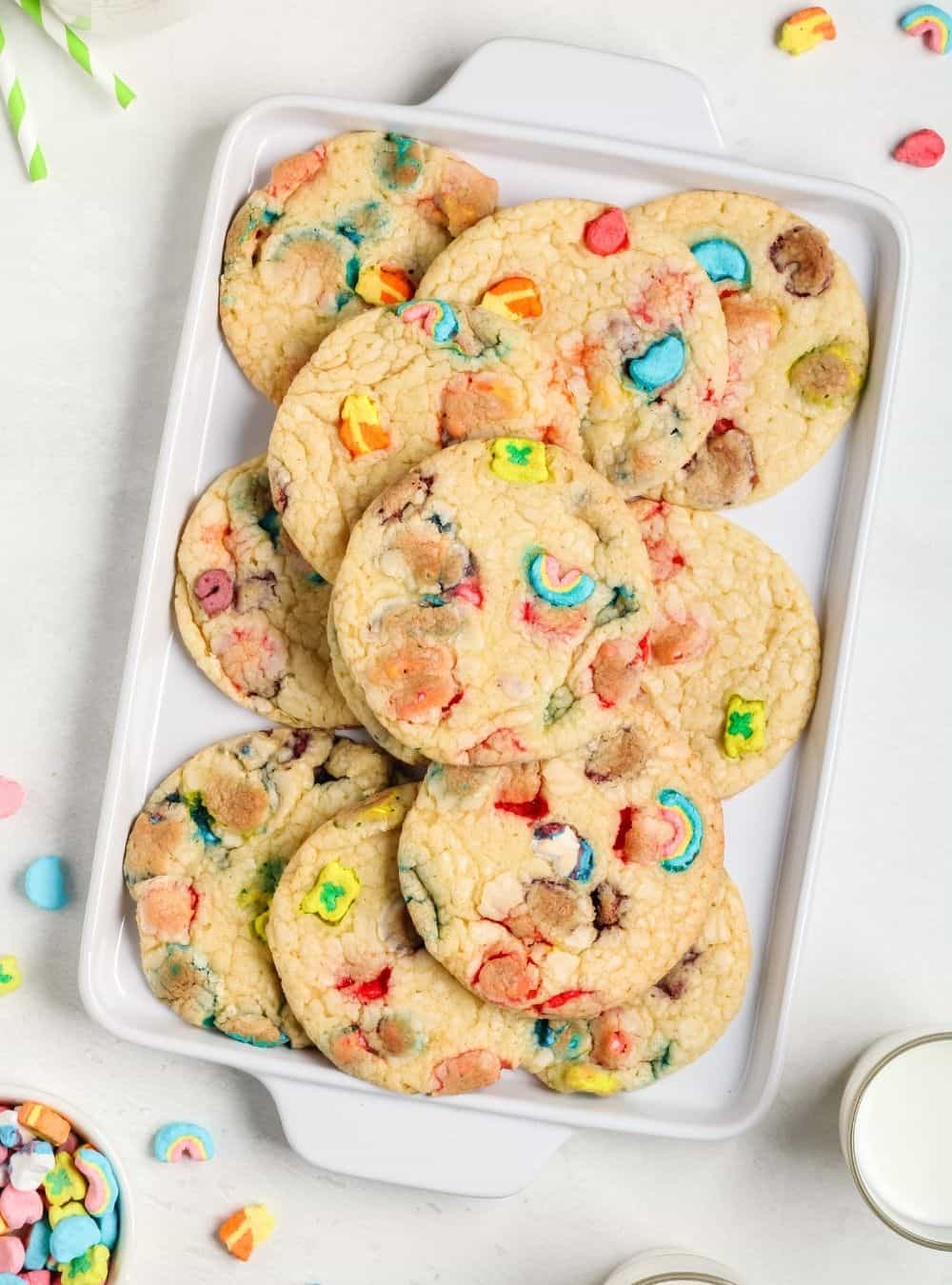 Plated to serve Lucky Charms Cake Mix Cookies