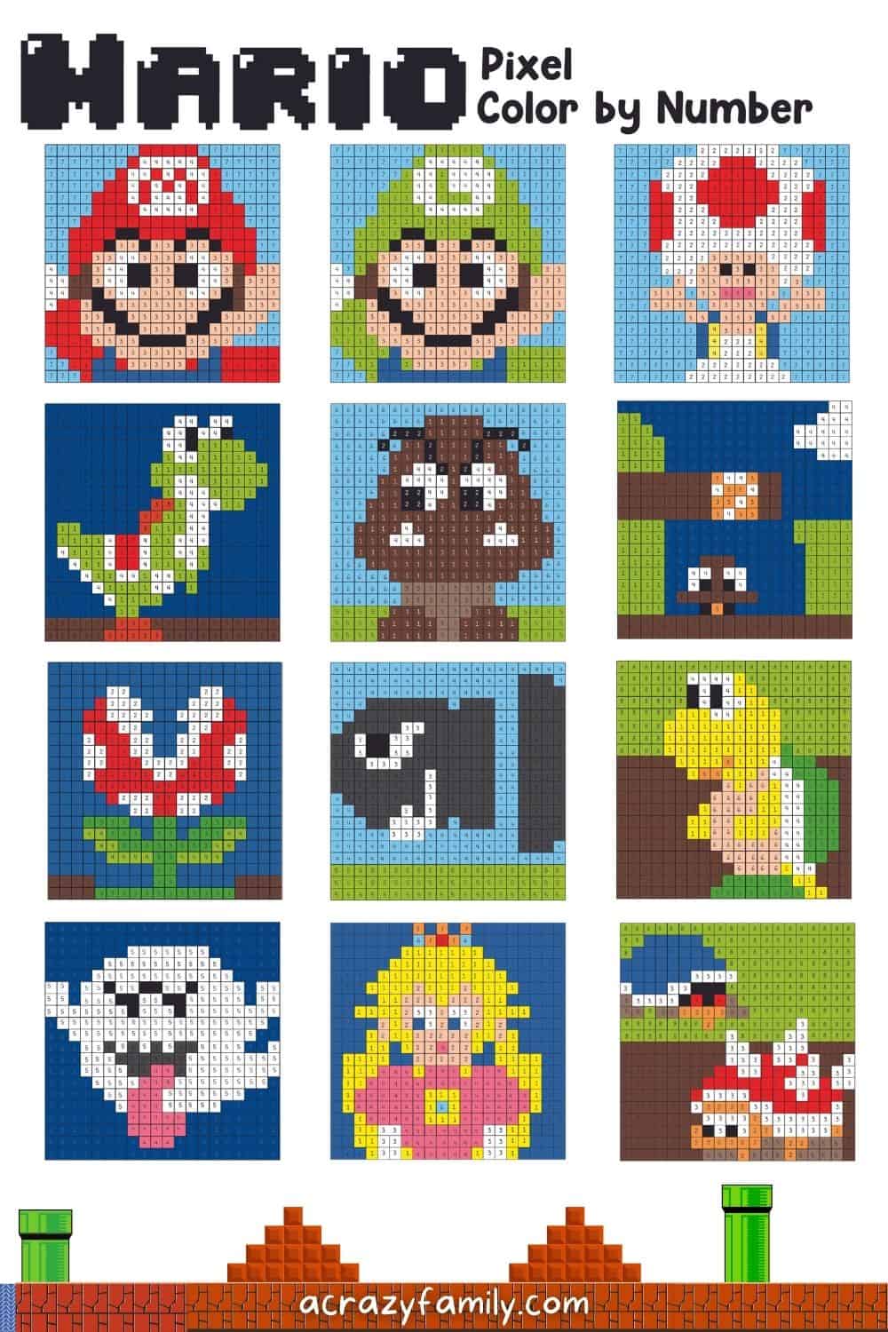 mario pixel color by number