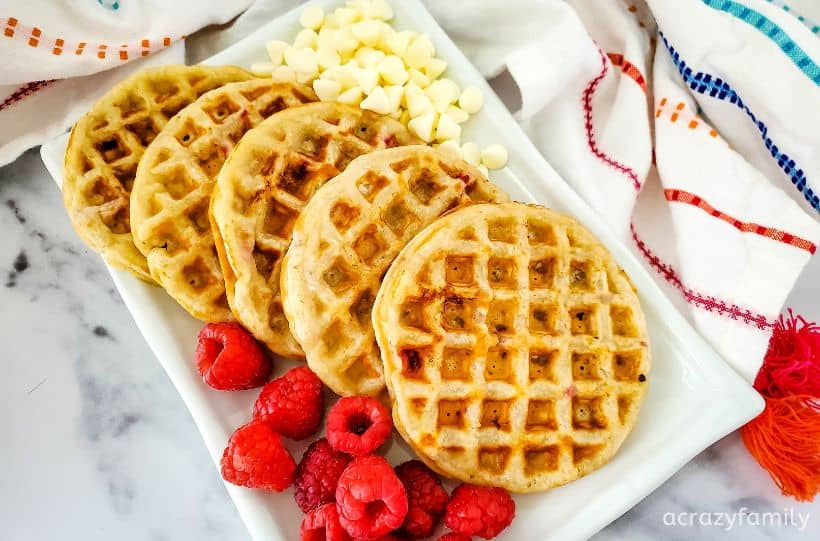 white chocolate raspberry waffles featured