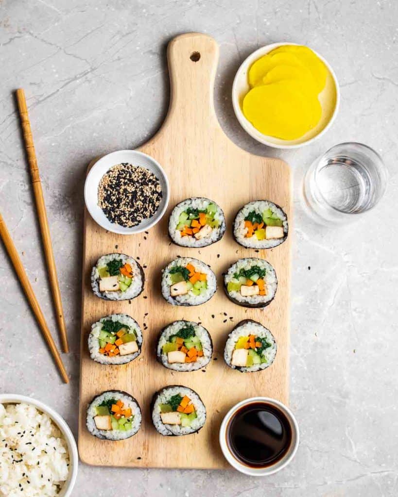 vegan kimbap wooden board