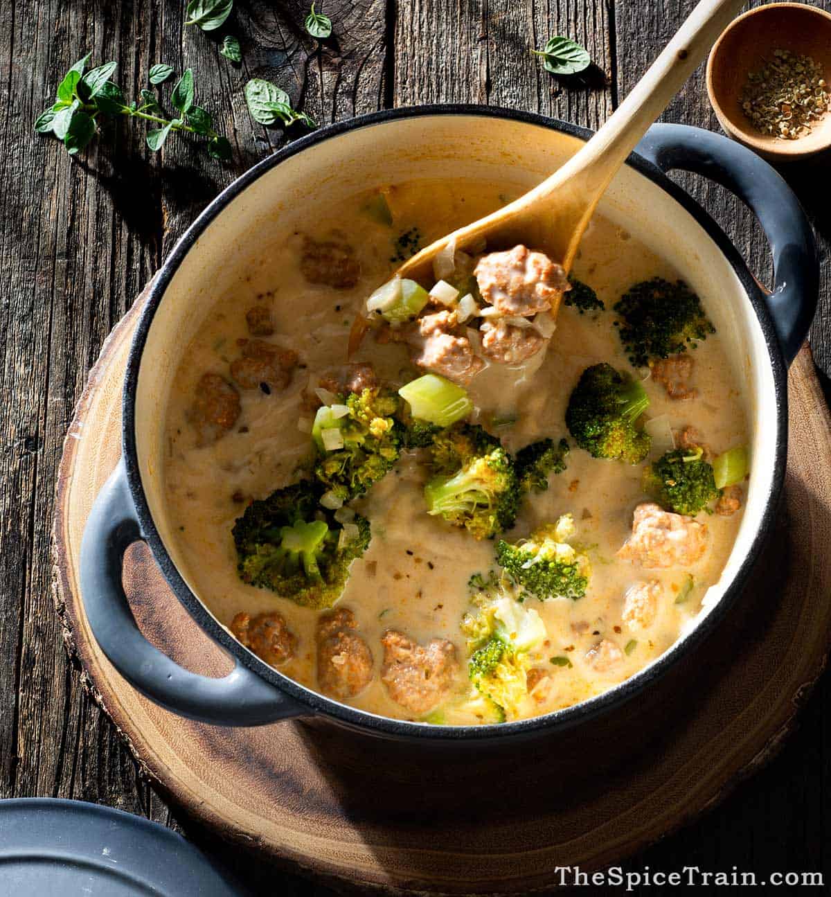 broccoli sausage soup in a dutch oven 127