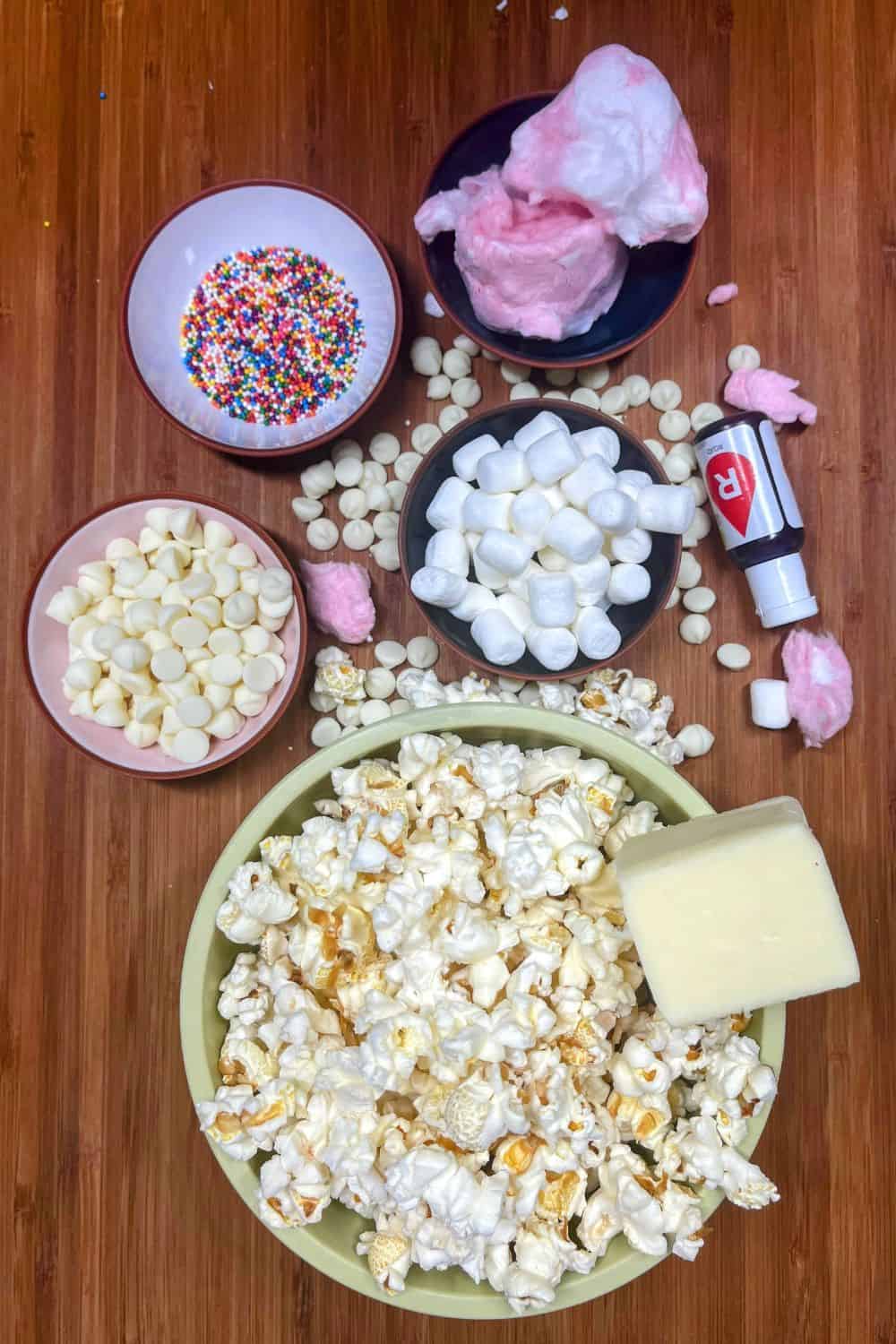 ingredients for valentines day marshmallow popcorn balls with cotton candy