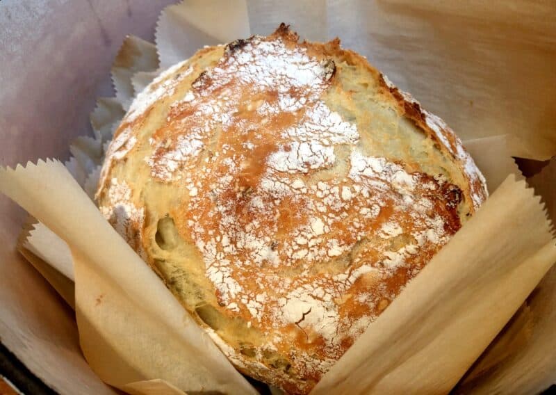 rosemary bread in dutch oven with parchment paper 800×568 1