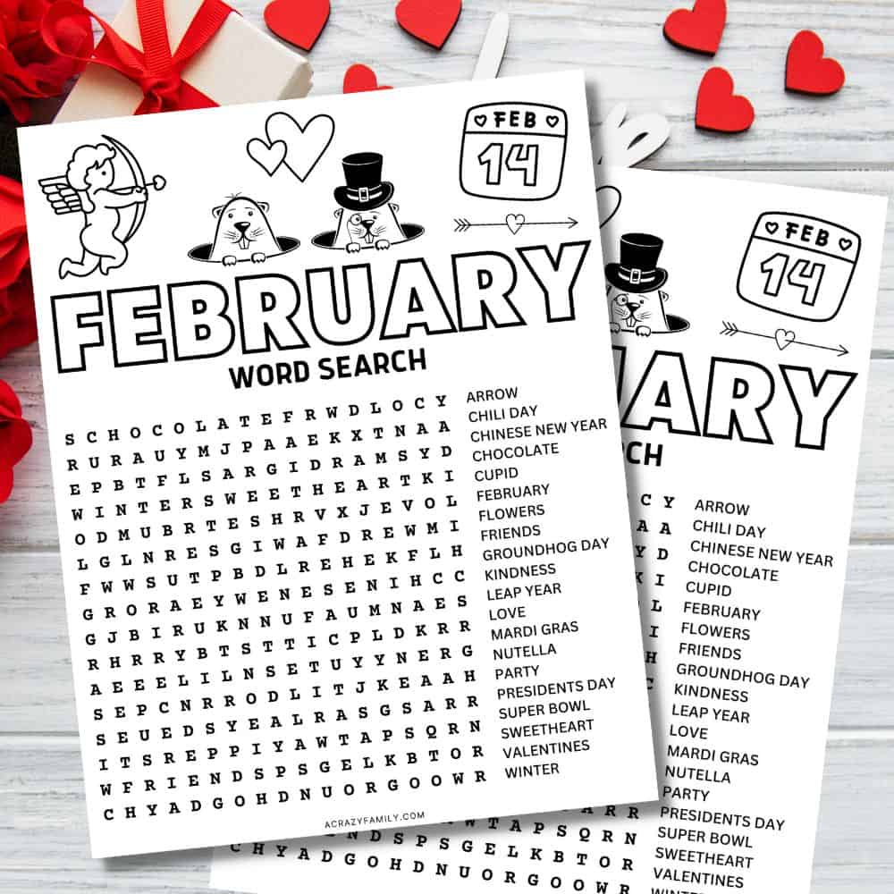 February Word Search Free Printable