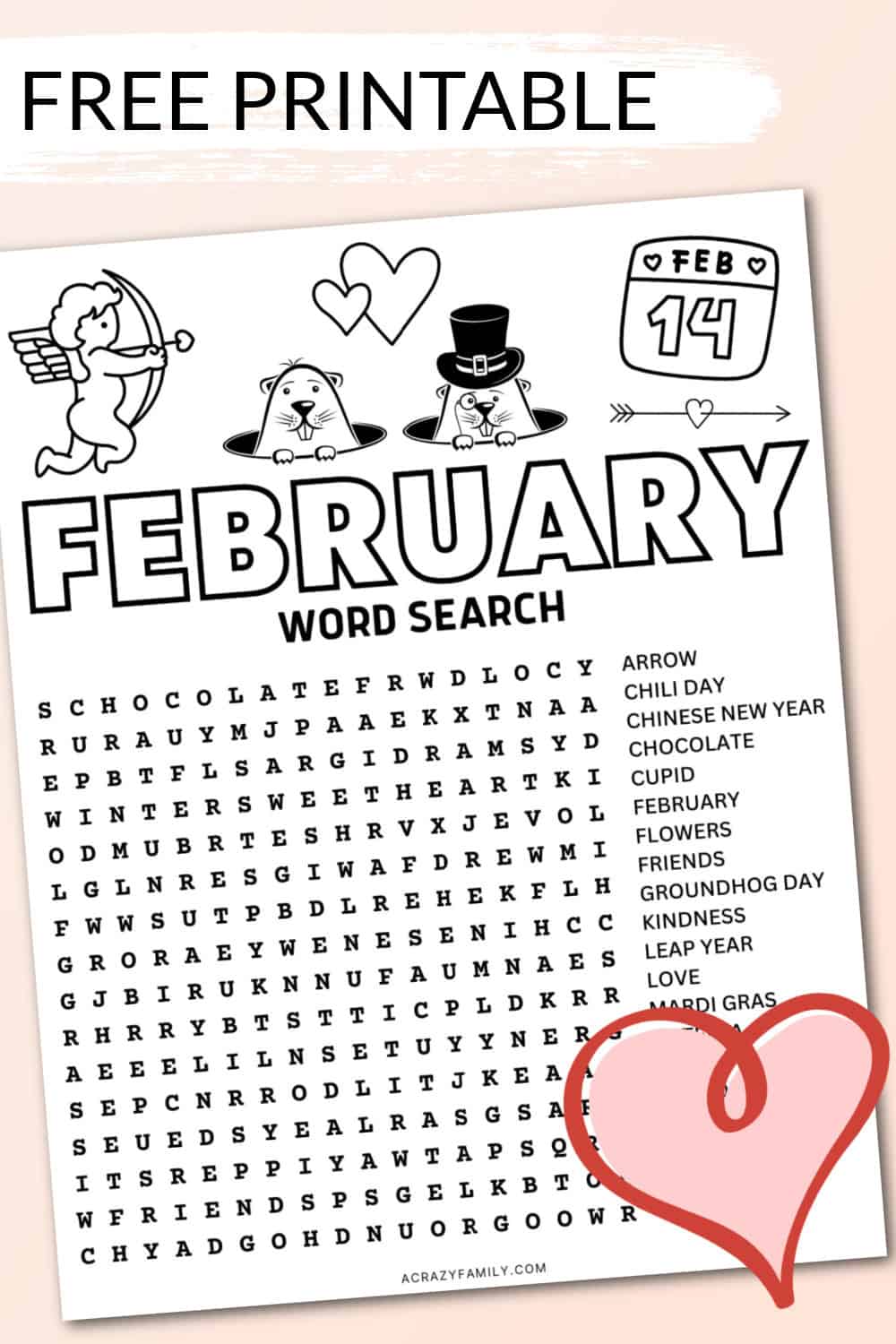 Free February Word Search Printable A Crazy Family