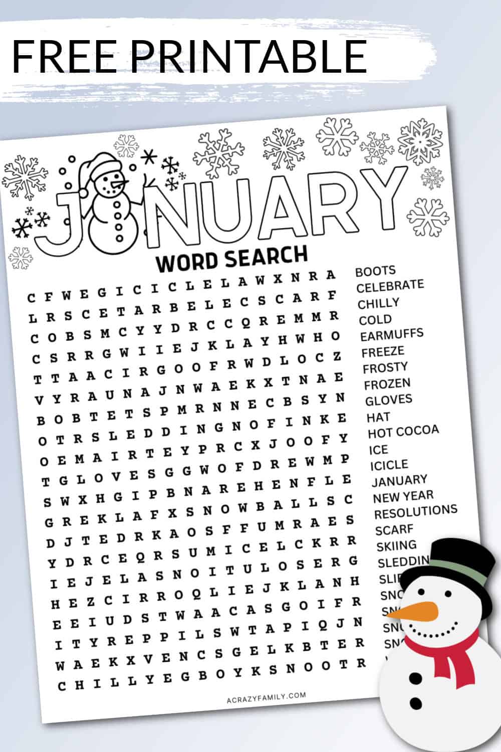 free printable January Word Search