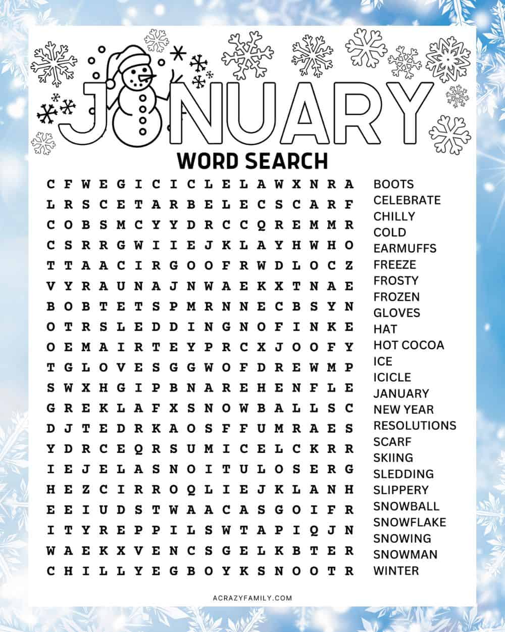 printable January Word Search