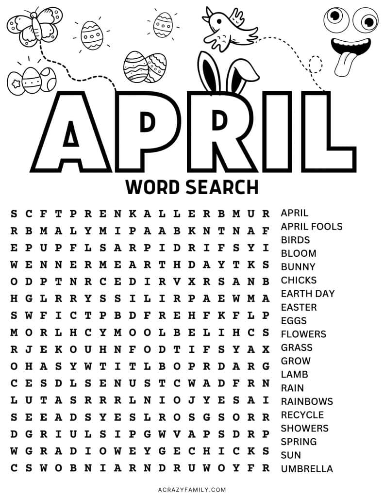 Free April Word Search Printable A Crazy Family