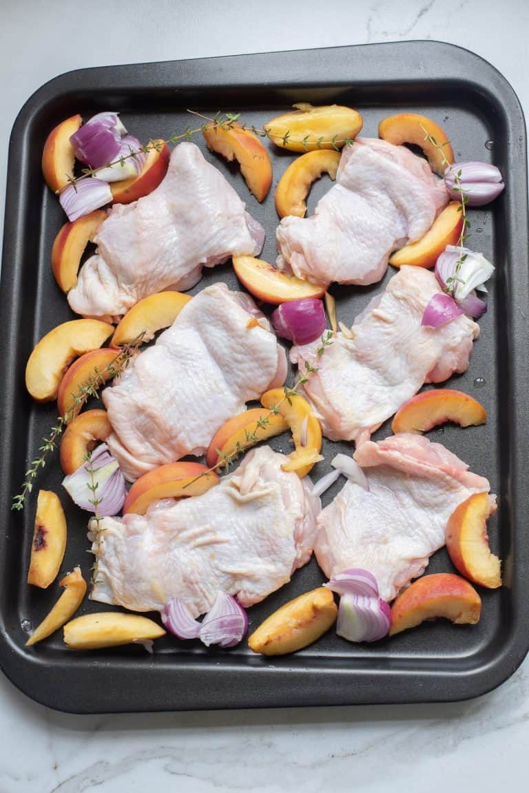Sheet Pan Honey Mustard Chicken Thighs with Peaches A Crazy Family