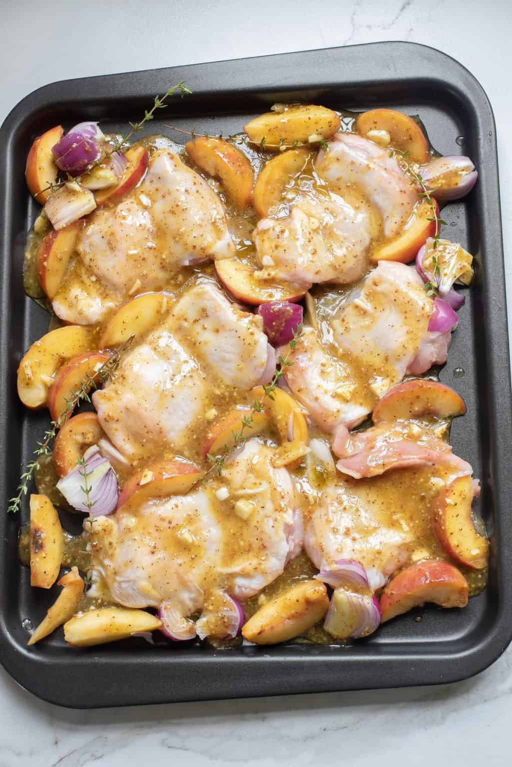 Sheet Pan Honey Mustard Chicken Thighs with Peaches A Crazy Family