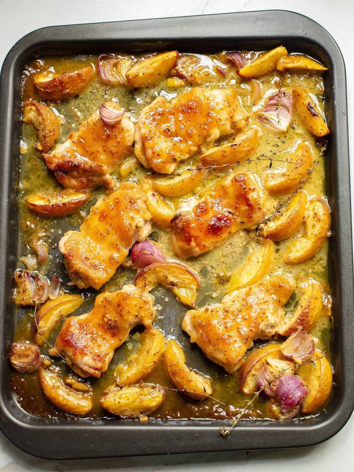 chicken thighs and peach traybake