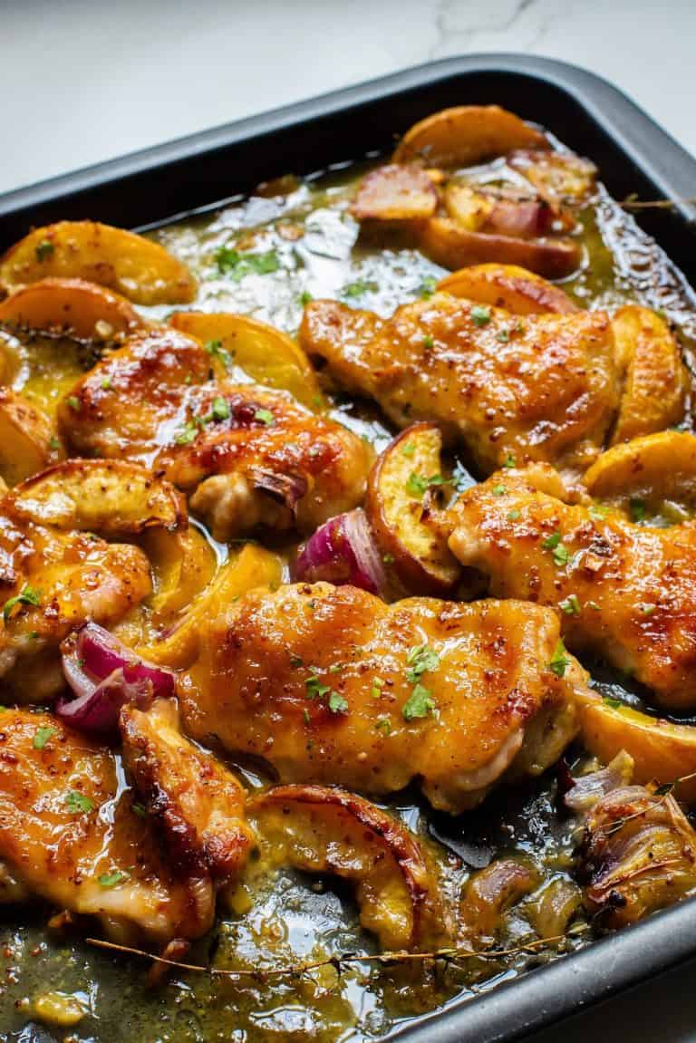 Sheet Pan Honey Mustard Chicken Thighs with Peaches A Crazy Family