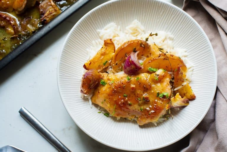 Sheet Pan Honey Mustard Chicken Thighs with Peaches A Crazy Family
