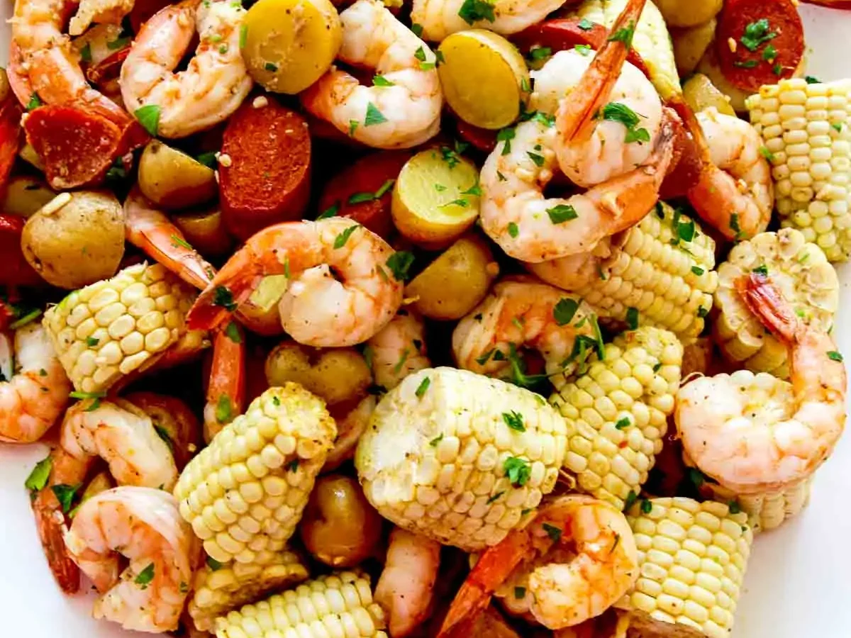 Platter of Sheet Pan Low Country Shrimp Boil ready to serve at a party