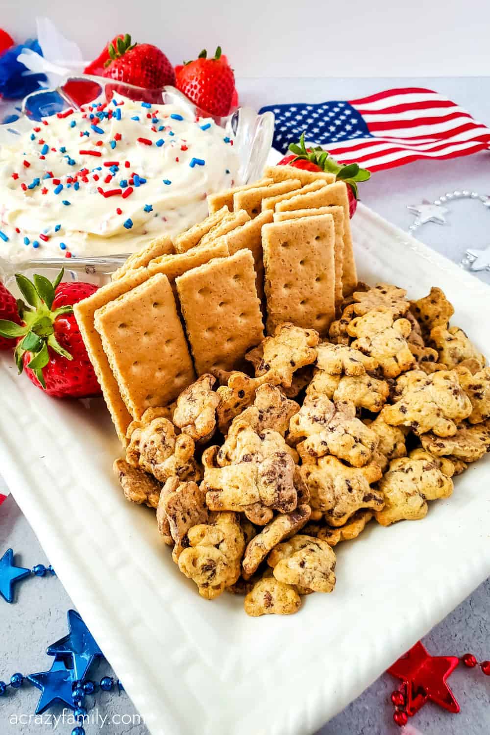 cheesecake dip with patriotic sprinkles and crackers