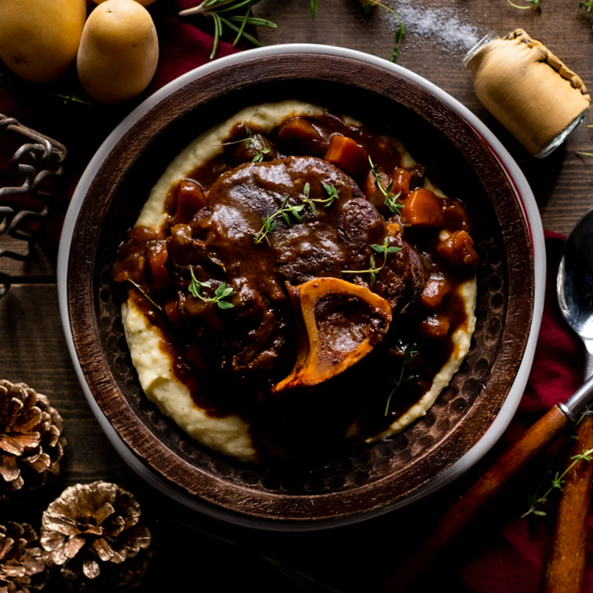 elk osso buco over mashed potatoes