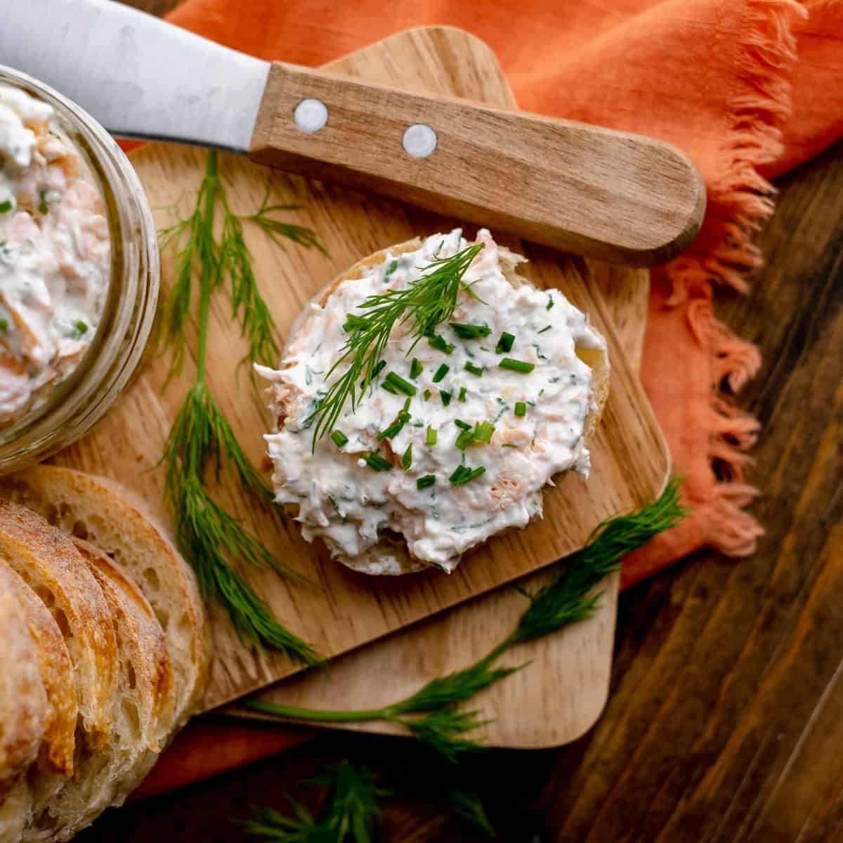smoked trout dip on baguette with wooden spreader 1200×1200 1