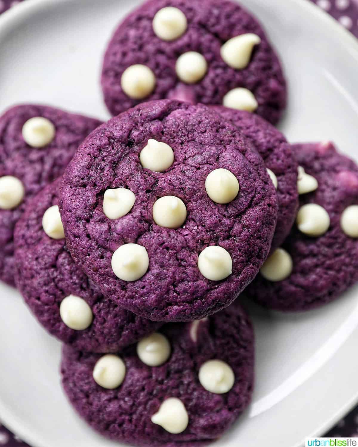 ube white chocolate chip cookies done in stack
