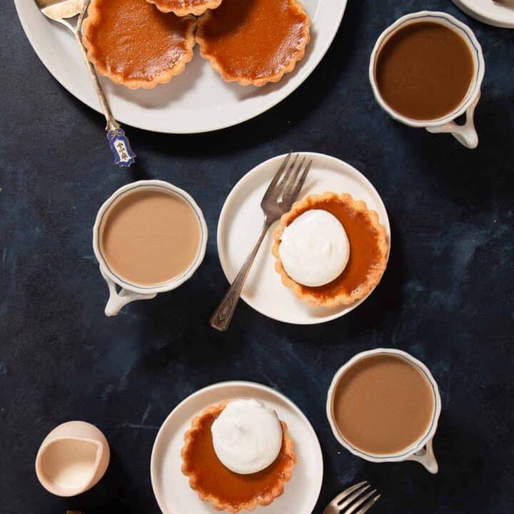 Mini Pumpkin Pie Tarts Multiple Plated Tarts with Coffee