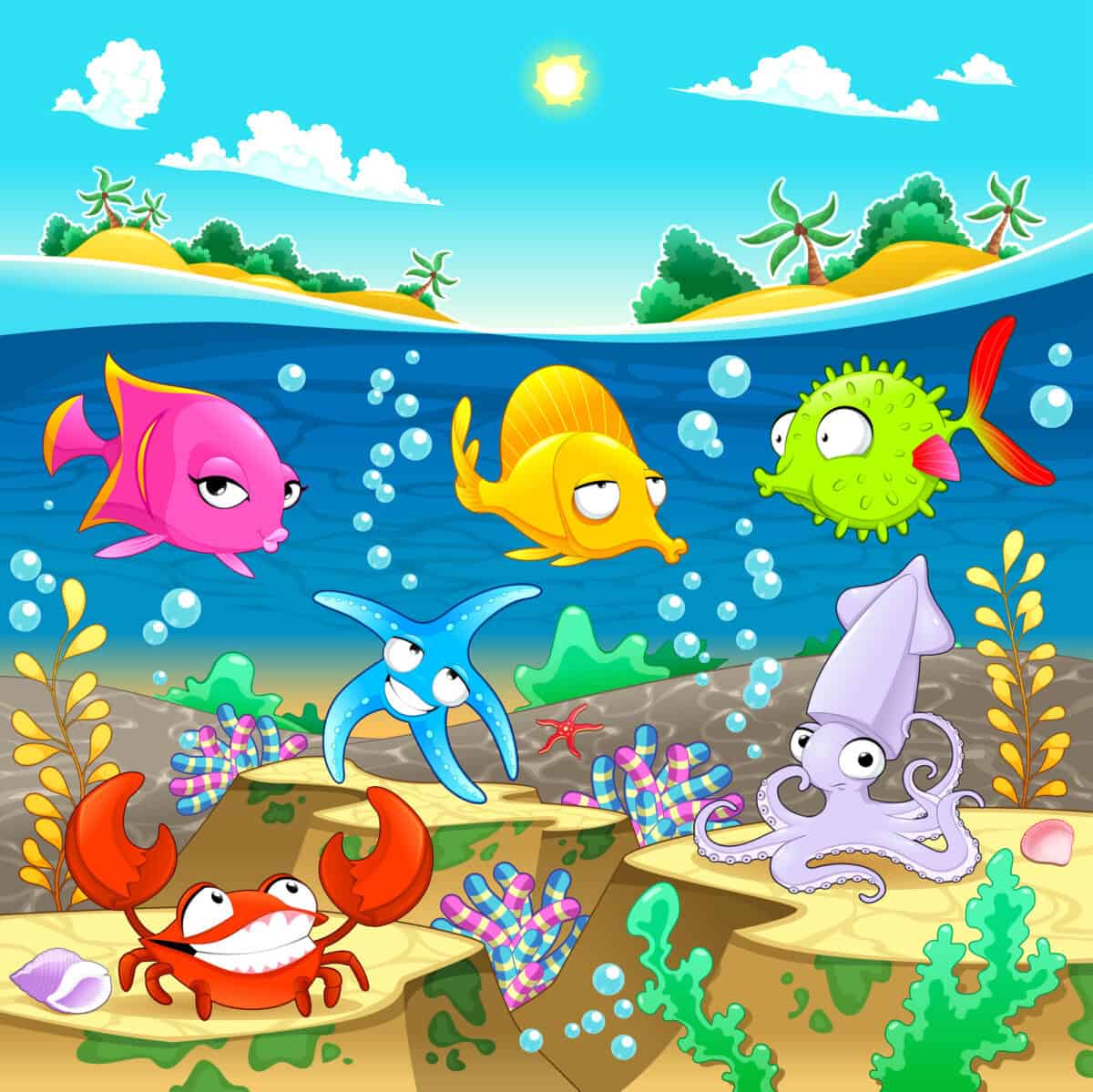 Happy marine family under the sea.