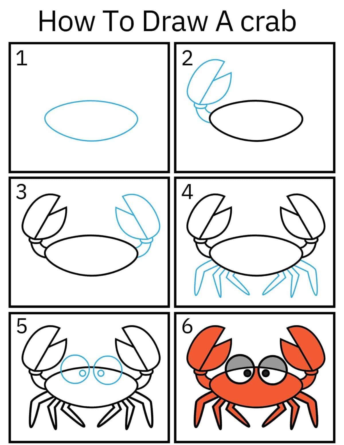 How to draw a crab printable for kids – colored version