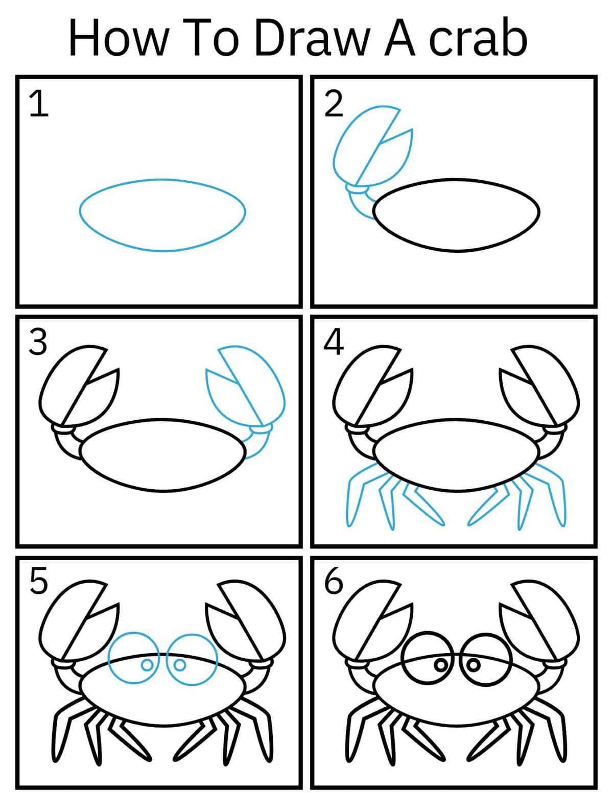 Crab drawing tutorial for kids – black and white printable steps