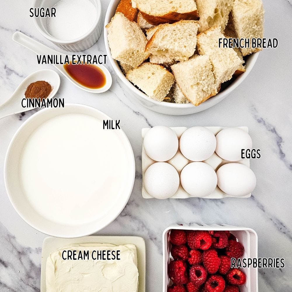 ingredients for Raspberry Cheesecake French Toast Casserole