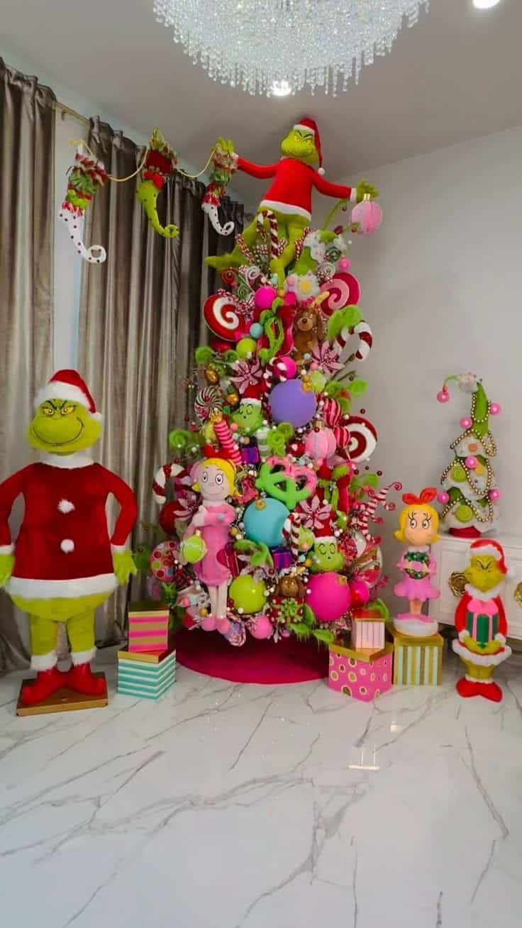Colorful Grinch Christmas tree with red and green decorations