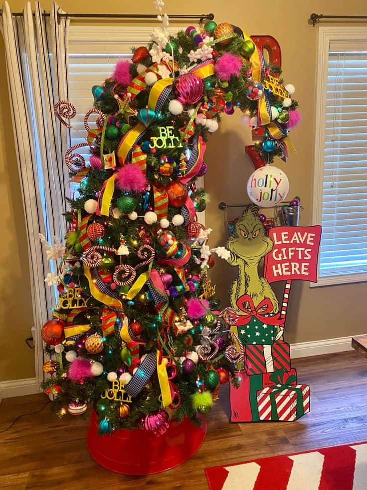 Whoville-inspired Christmas tree with oversized candy decorations